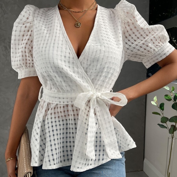 BellanBlue Tops - Bohemian White Puff Sleeve Peplum Top